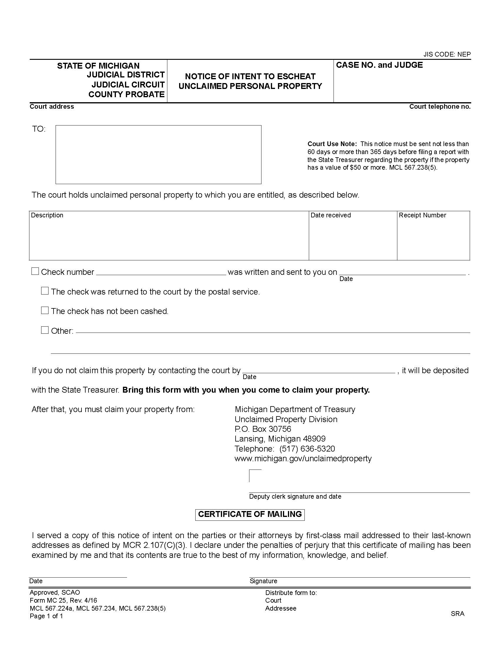 Notice Of Intent To Escheat Unclaimed Property {MC 25} | Pdf Fpdf Doc Docx | Michigan