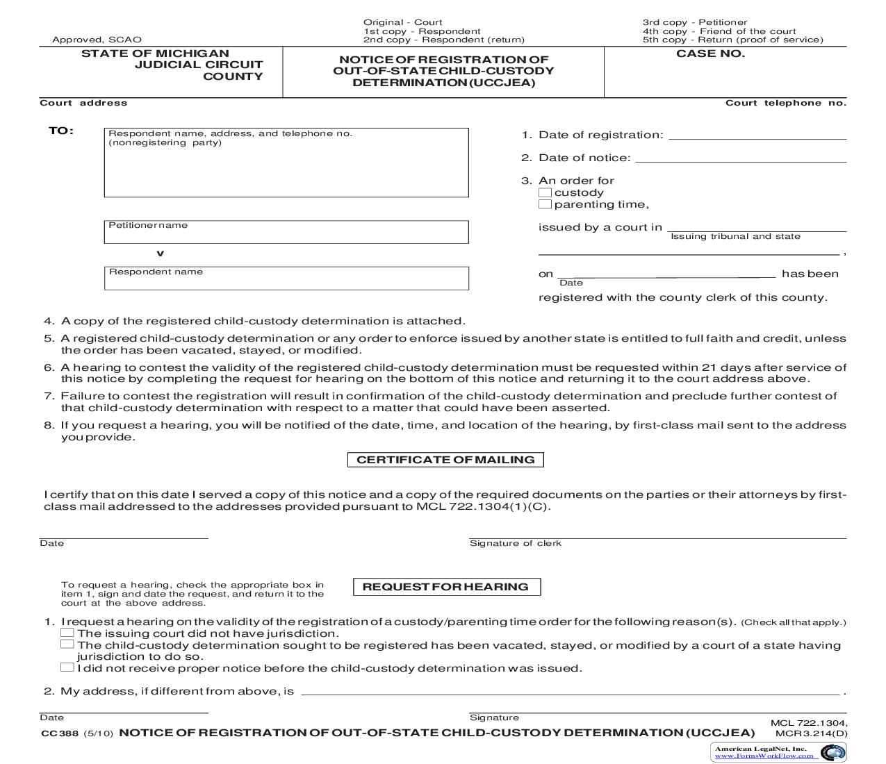 Notice Of Registration Of Out Of State Child Custody Determination (UCCJEA) {CC 388} | Pdf Fpdf Doc Docx | Michigan
