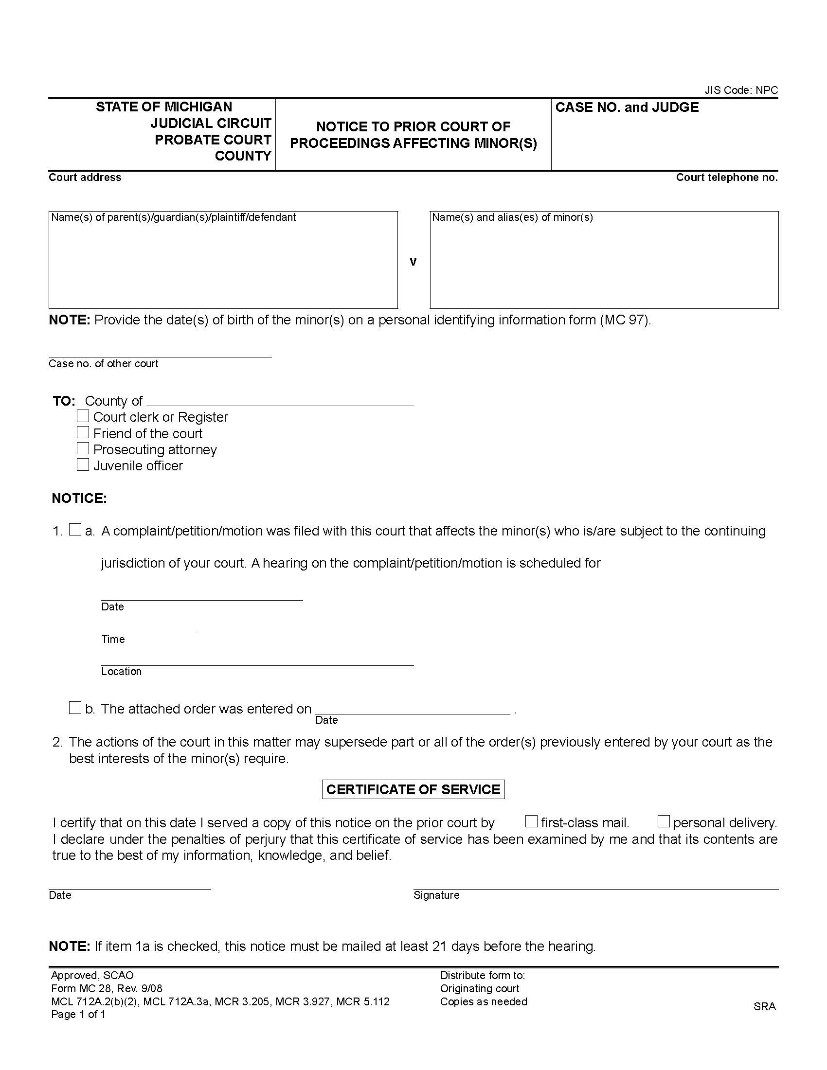 Notice To Prior Court Of Proceedings Affecting Minors {MC 28} | Pdf Fpdf Doc Docx | Michigan