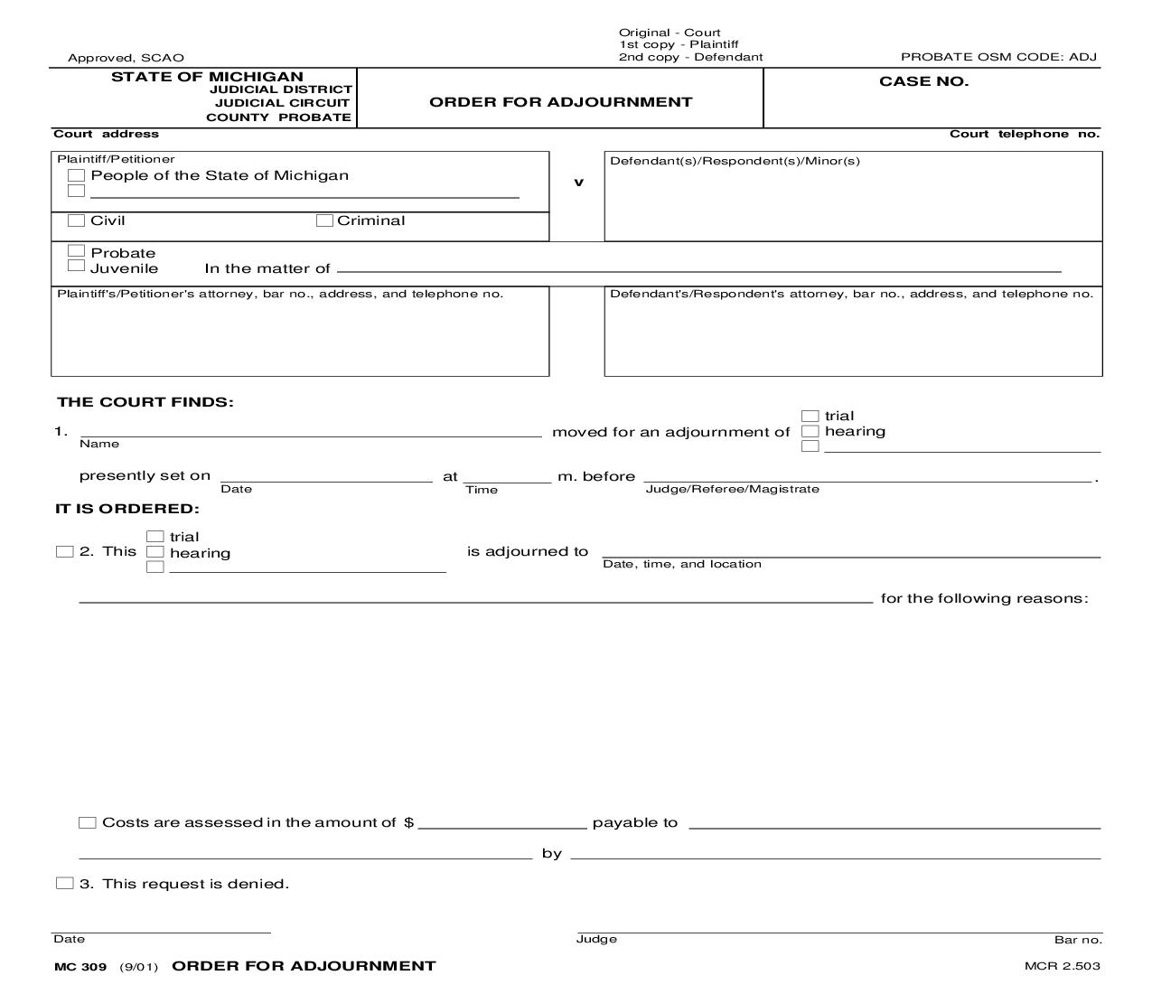 Order For Adjournment {MC 309} | Pdf Fpdf Doc Docx | Michigan