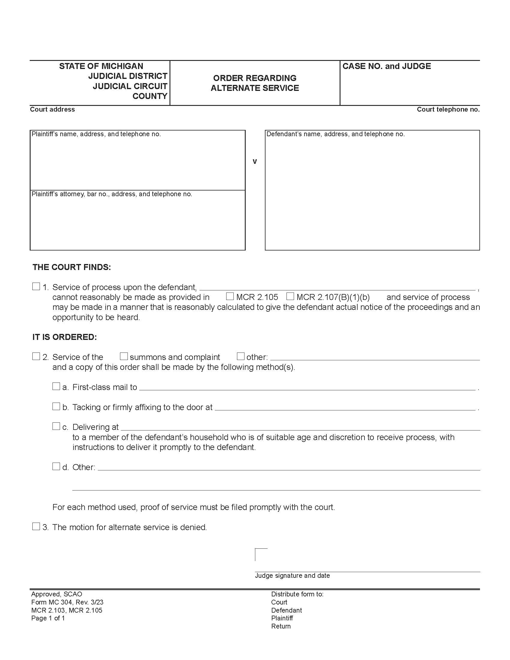 Order For Alternate Service {MC 304} | Pdf Fpdf Doc Docx | Michigan