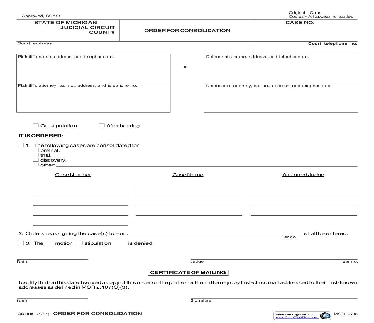 Order For Consolidation {CC 08a} | Pdf Fpdf Doc Docx | Michigan