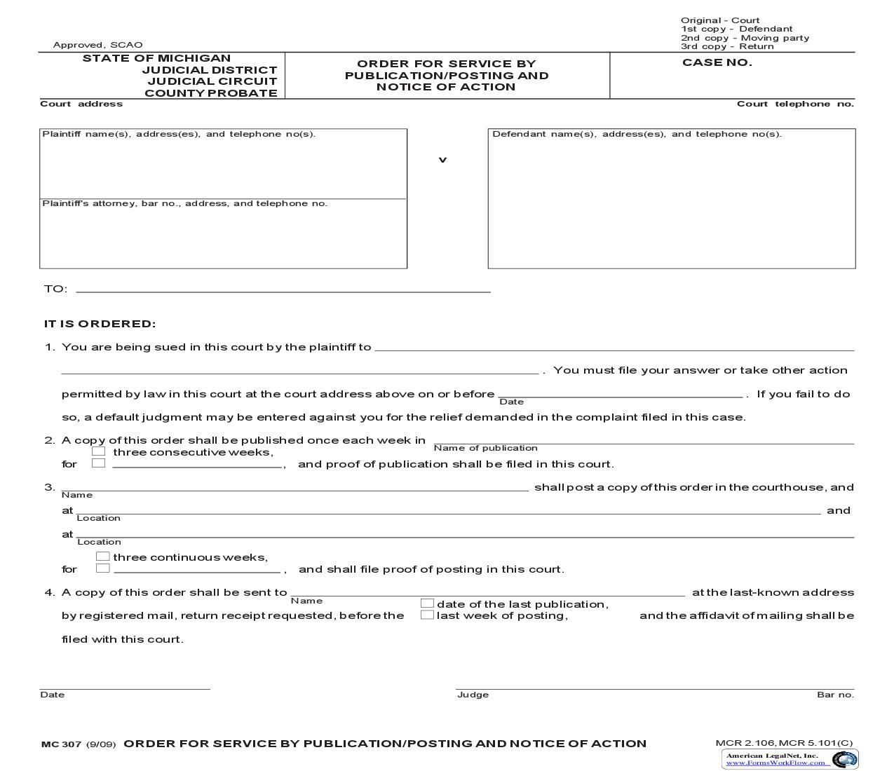 Order For Publication Or Posting And Notice Of Action {MC 307} | Pdf Fpdf Doc Docx | Michigan