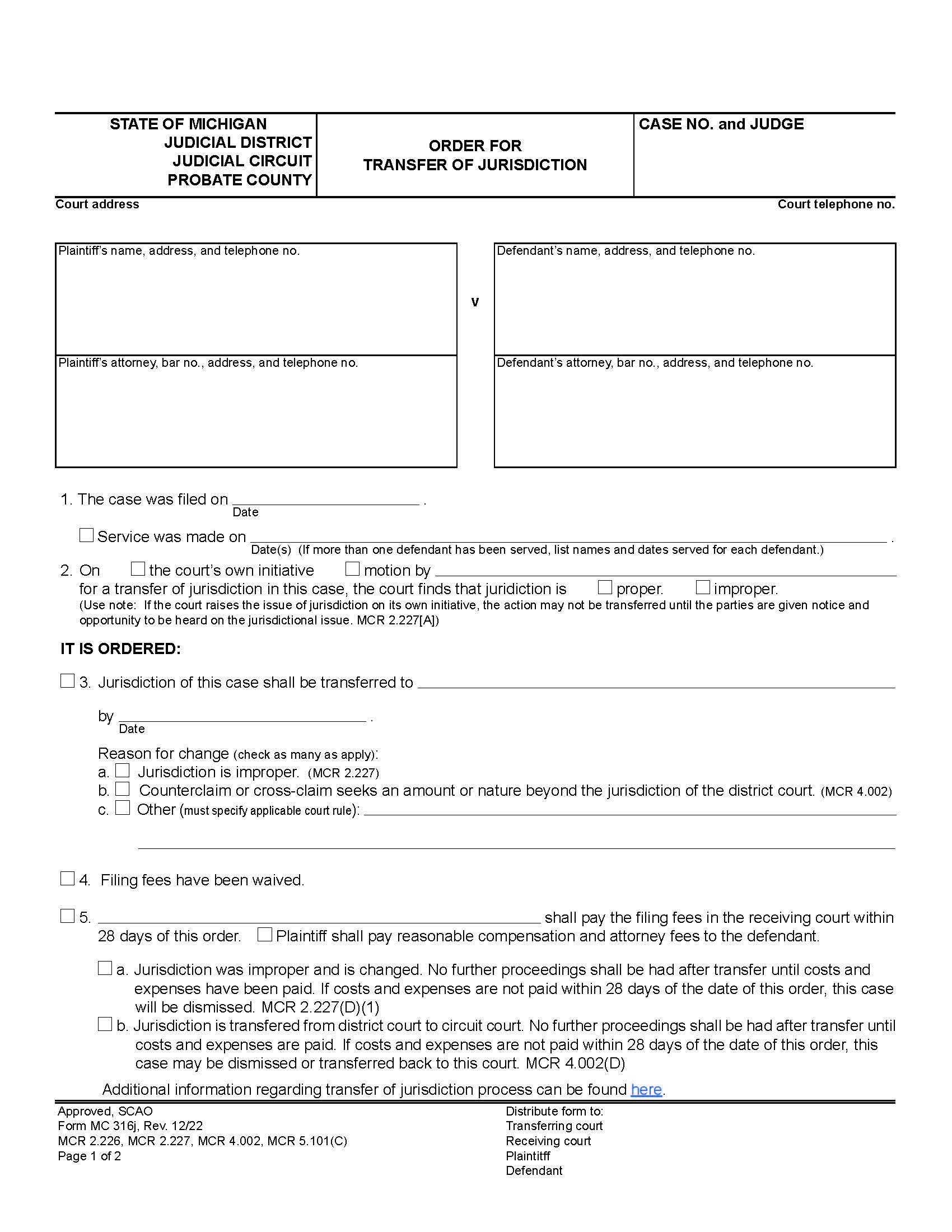Order For Transfer Of Jurisdiction {MC 316j} | Pdf Fpdf Docx | Michigan