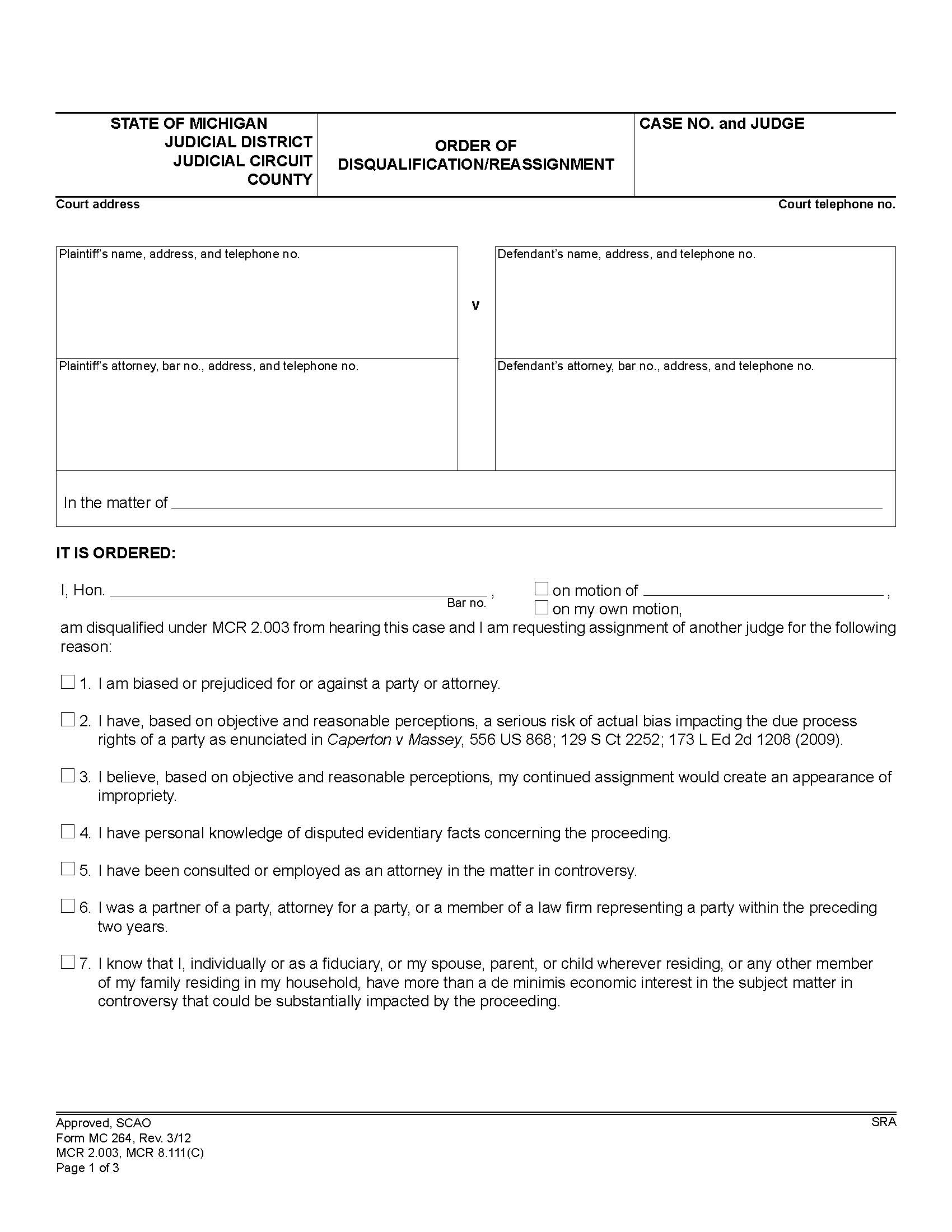 Order Of Disqualification Or Reassignment {MC 264} | Pdf Fpdf Doc Docx | Michigan