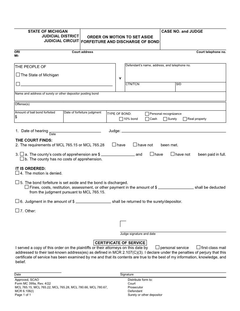Order On Motion To Set Aside Forfeiture And Discharge Of Bond {MC 399a} | Pdf Fpdf Doc Docx | Michigan