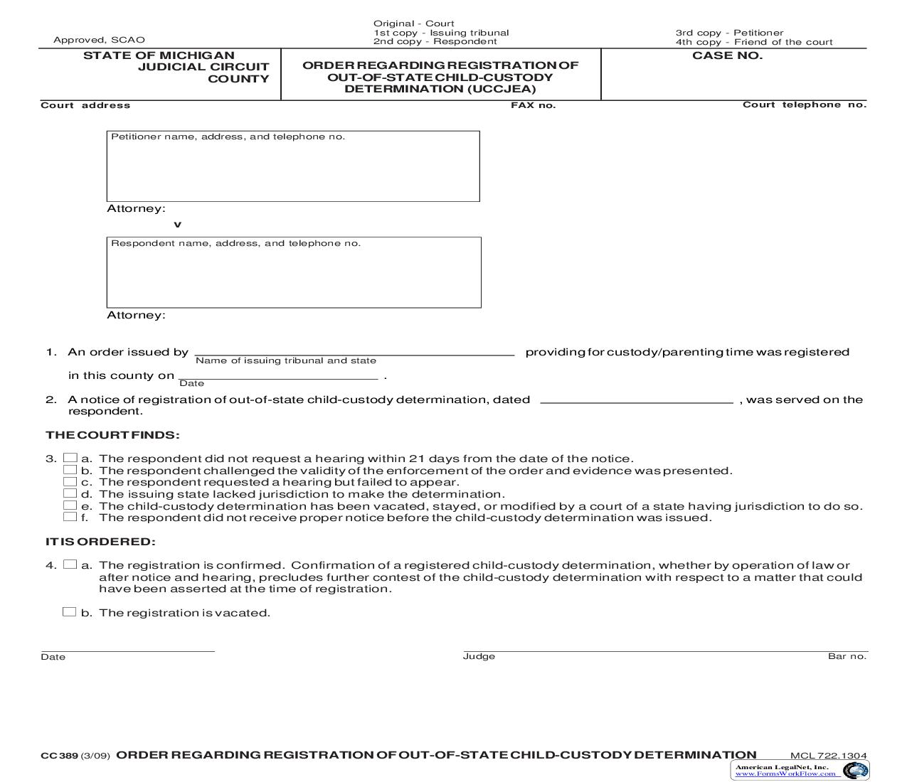 Order Regarding Registration Of Out Of State Child Custody Determination (UCCJEA) {CC 389} | Pdf Fpdf Doc Docx | Michigan