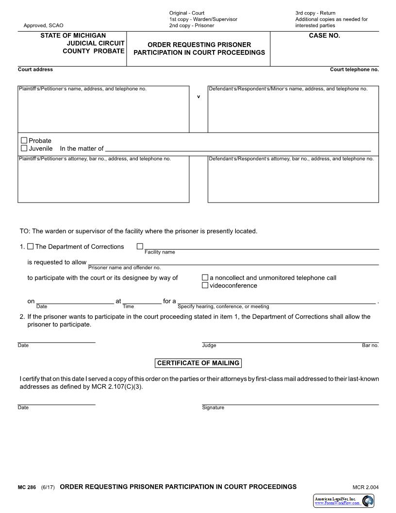 Order Requesting Prisoner Be Allowed To Participate In Court Proceedings {MC 286} | Pdf Fpdf Docx | Michigan