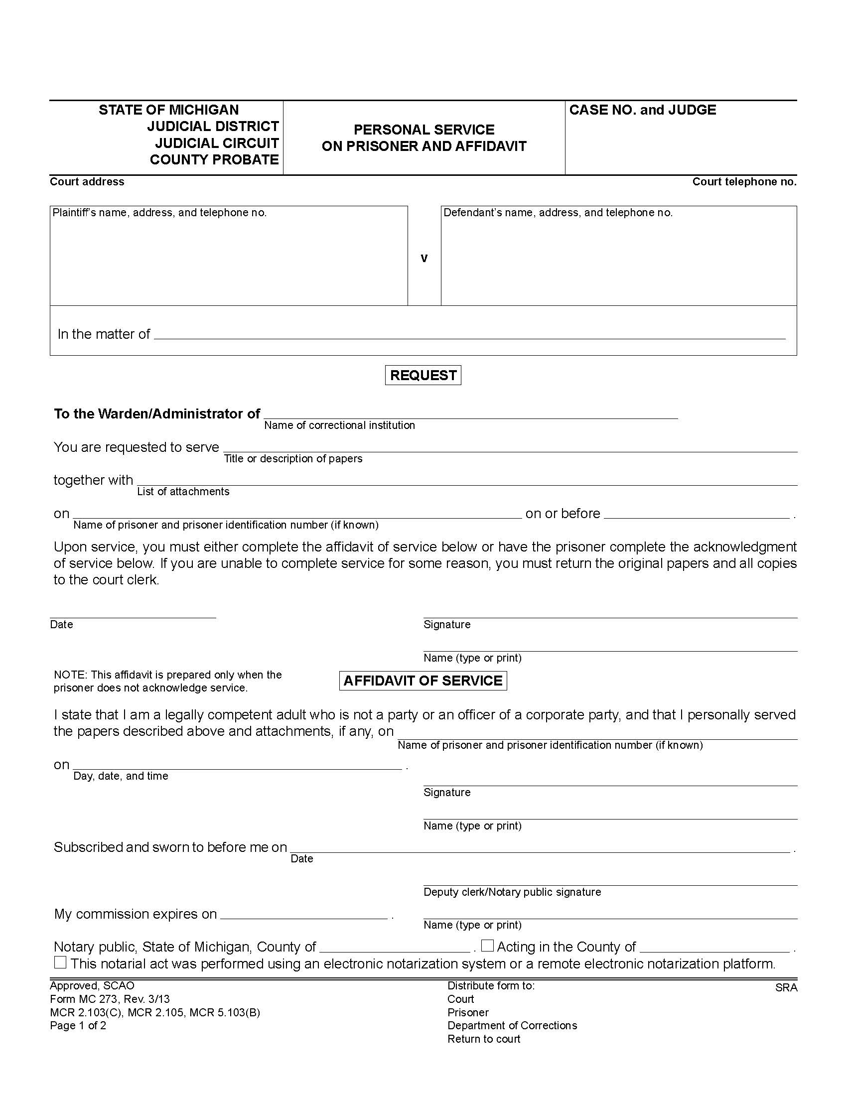 Personal Service On Prisoner And Affidavit {MC 273} | Pdf Fpdf Doc Docx | Michigan