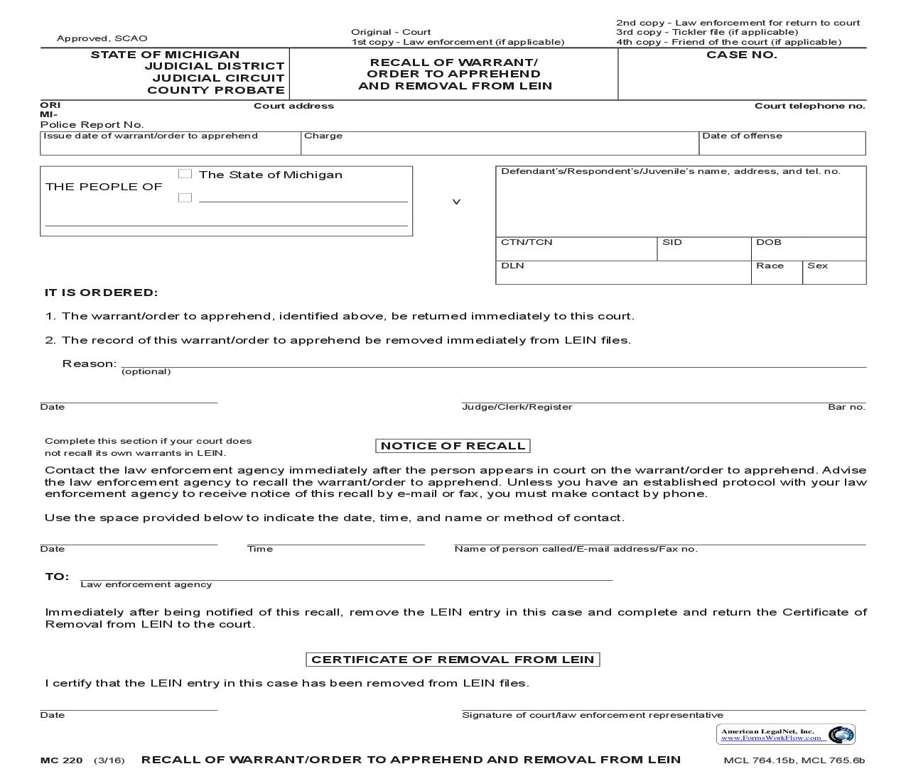 Recall Of Warrant Or Order To Apprehend {MC 220} | Pdf Fpdf Doc Docx | Michigan