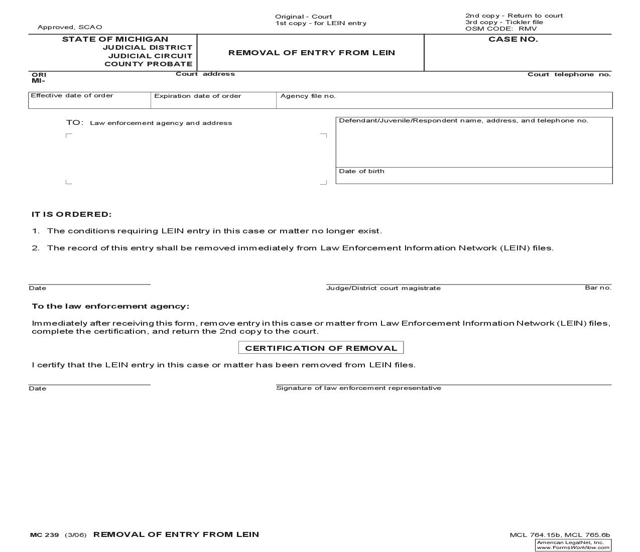Removal Of Entry From Lien {MC 239} | Pdf Fpdf Doc Docx | Michigan