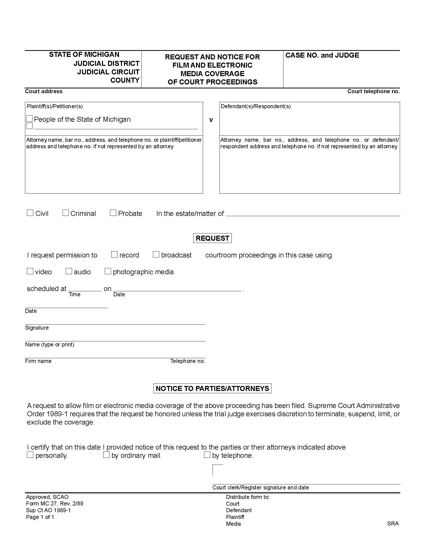 Request And Notice For Film And Electronic Media Coverage Of Court Proceedings {MC 27} | Pdf Fpdf Doc Docx | Michigan