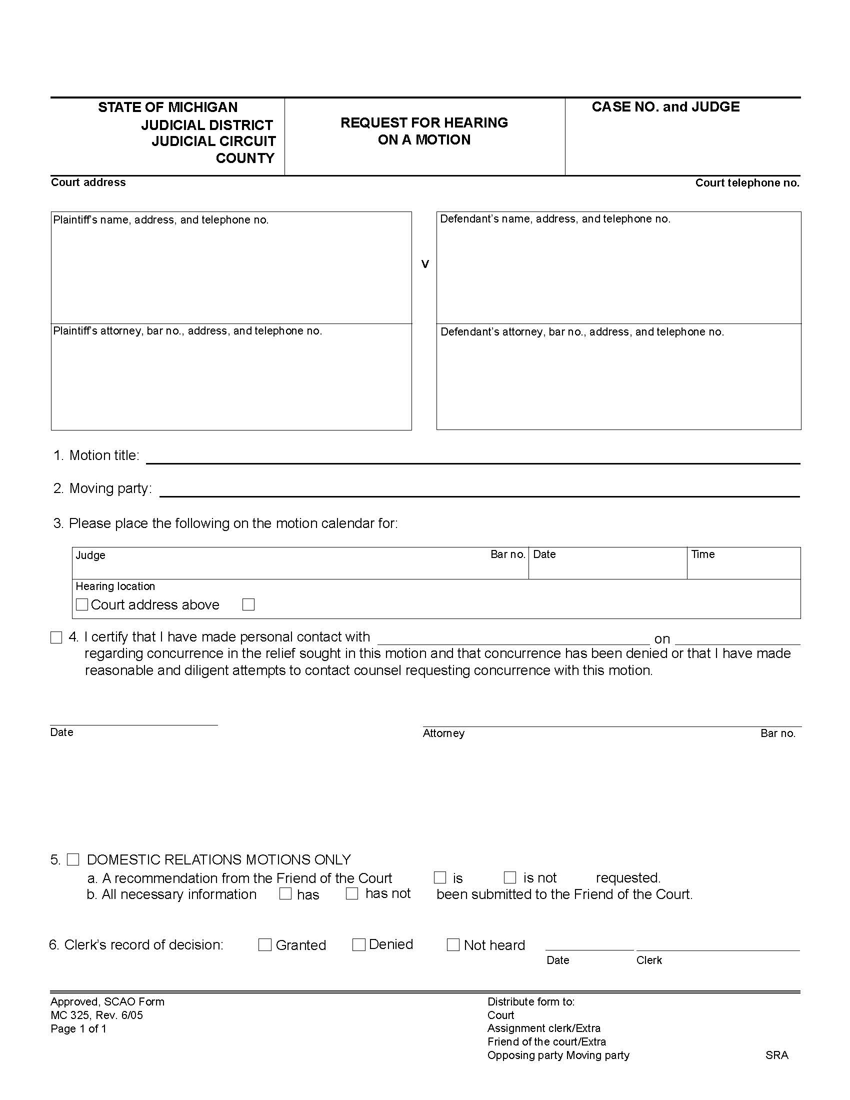 Request For Hearing On Motion {MC 325} | Pdf Fpdf Doc Docx | Michigan