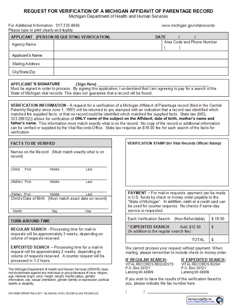 Request For Verification Of A Michigan Affidavit Of Parentage Record | Pdf Fpdf Docx | Michigan