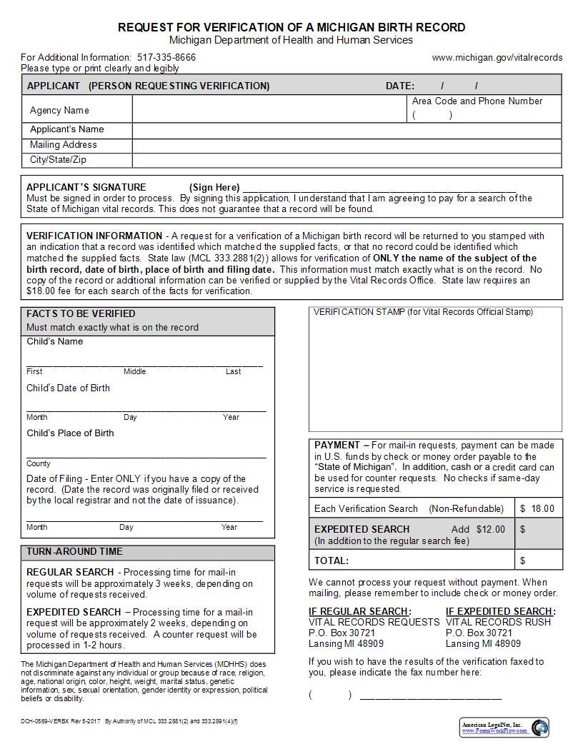 Request For Verification Of A Michigan Birth Record | Pdf Fpdf Docx | Michigan