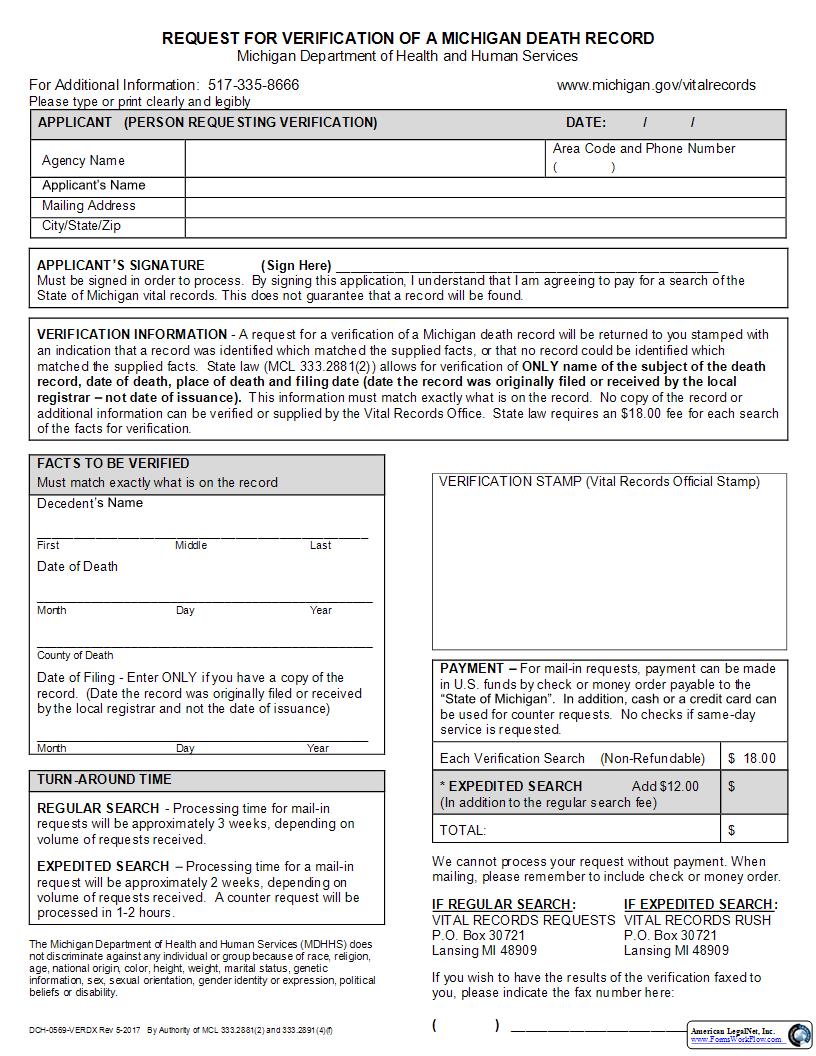 Request For Verification Of A Michigan Death Record | Pdf Fpdf Docx | Michigan