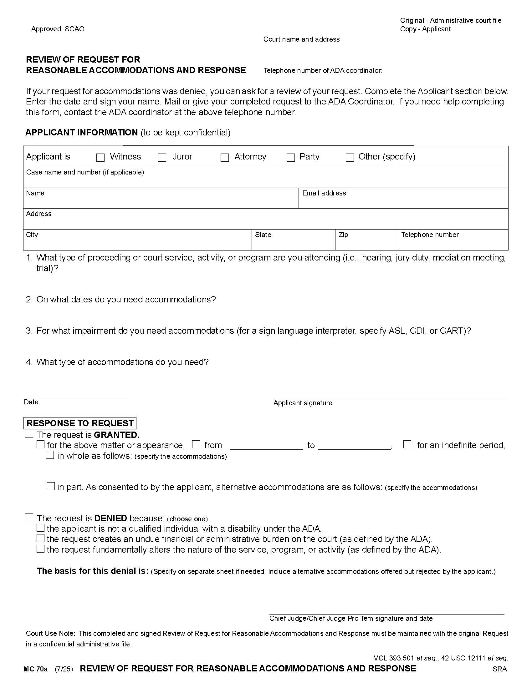 Review Of Request For Accommodations {MC 70a} | Pdf Fpdf Docx | Michigan