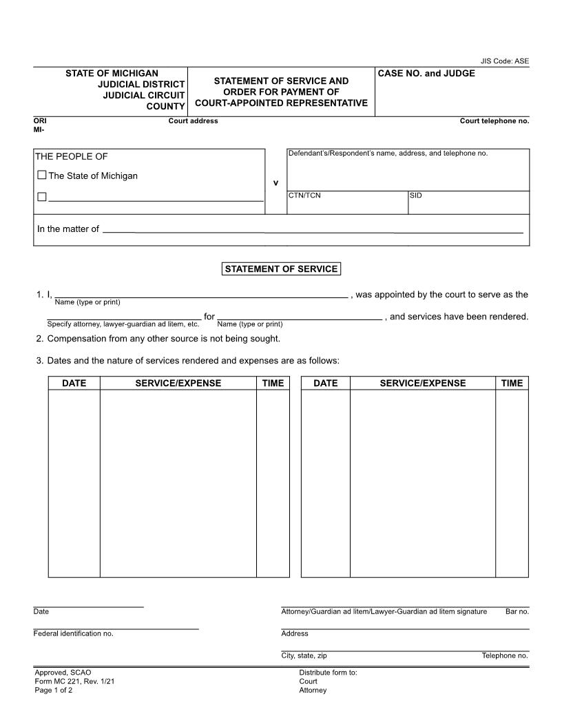 Statement Of Service And Order For Payment Of Court Appointed Representative {MC 221} | Pdf Fpdf Doc Docx | Michigan