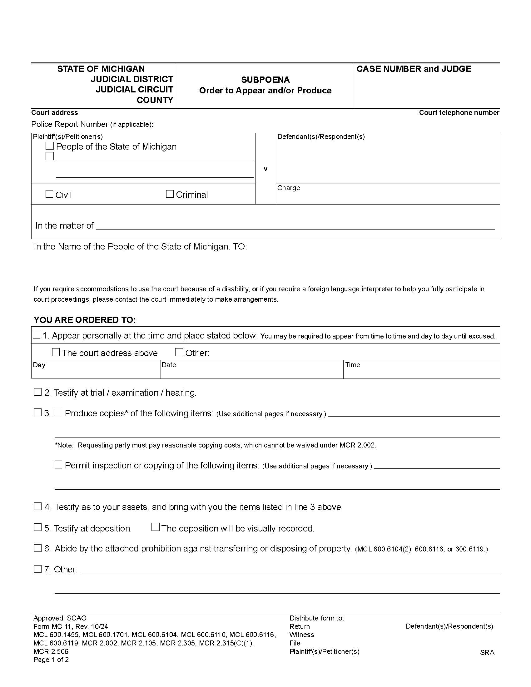 Subpoena (Order To Appear And Or Produce) {MC 11} | Pdf Fpdf Doc Docx | Michigan