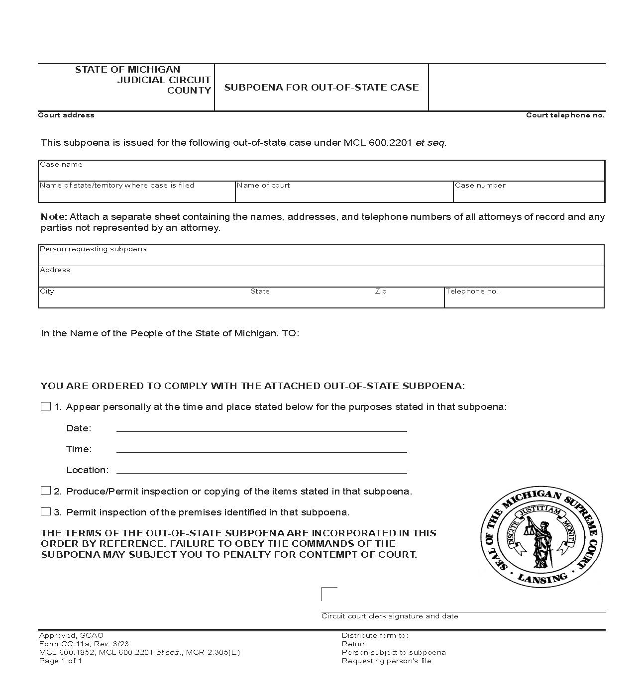 Subpoena For Out Of State Case {CC 11A} | Pdf Fpdf Docx | Michigan