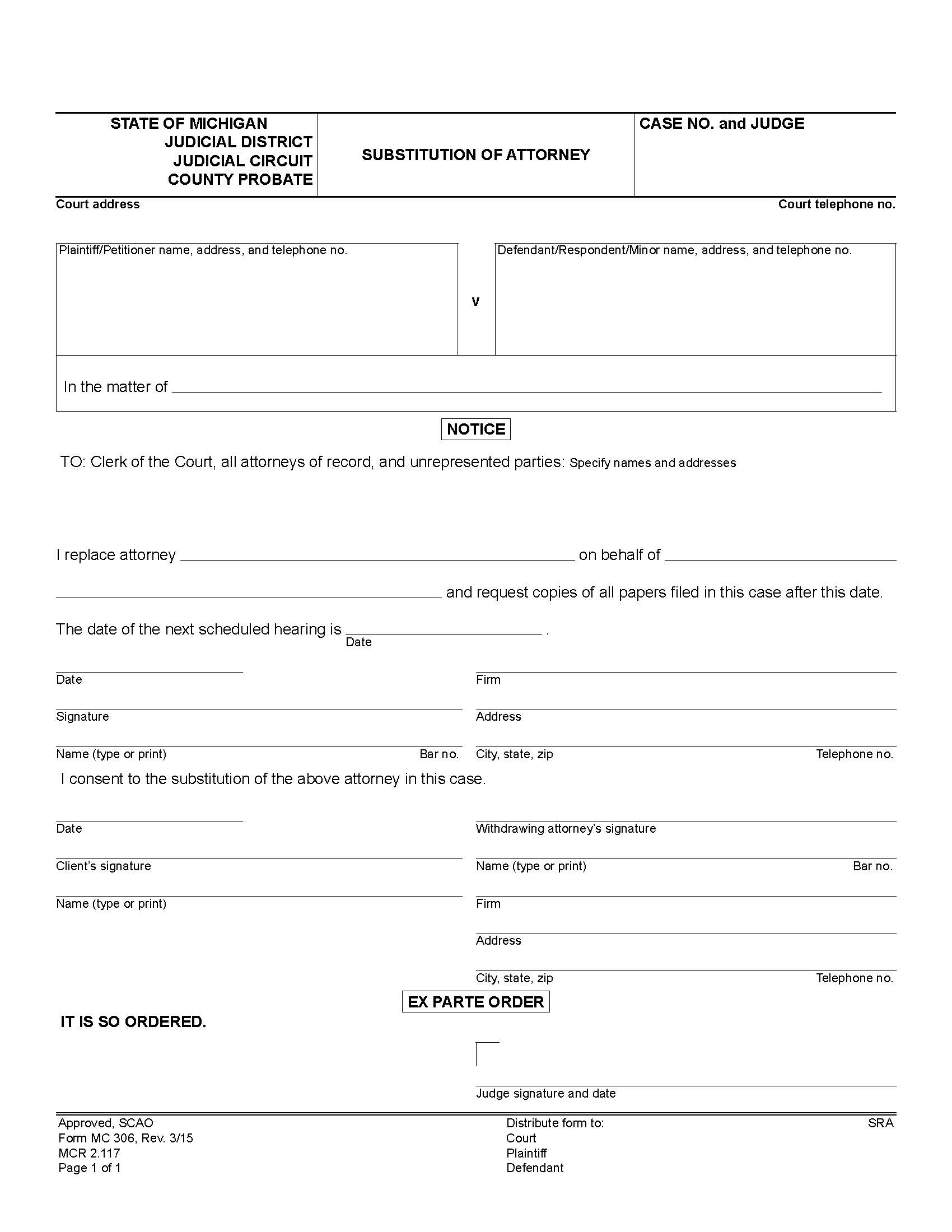 Substitution Of Attorney {MC 306} | Pdf Fpdf Doc Docx | Michigan