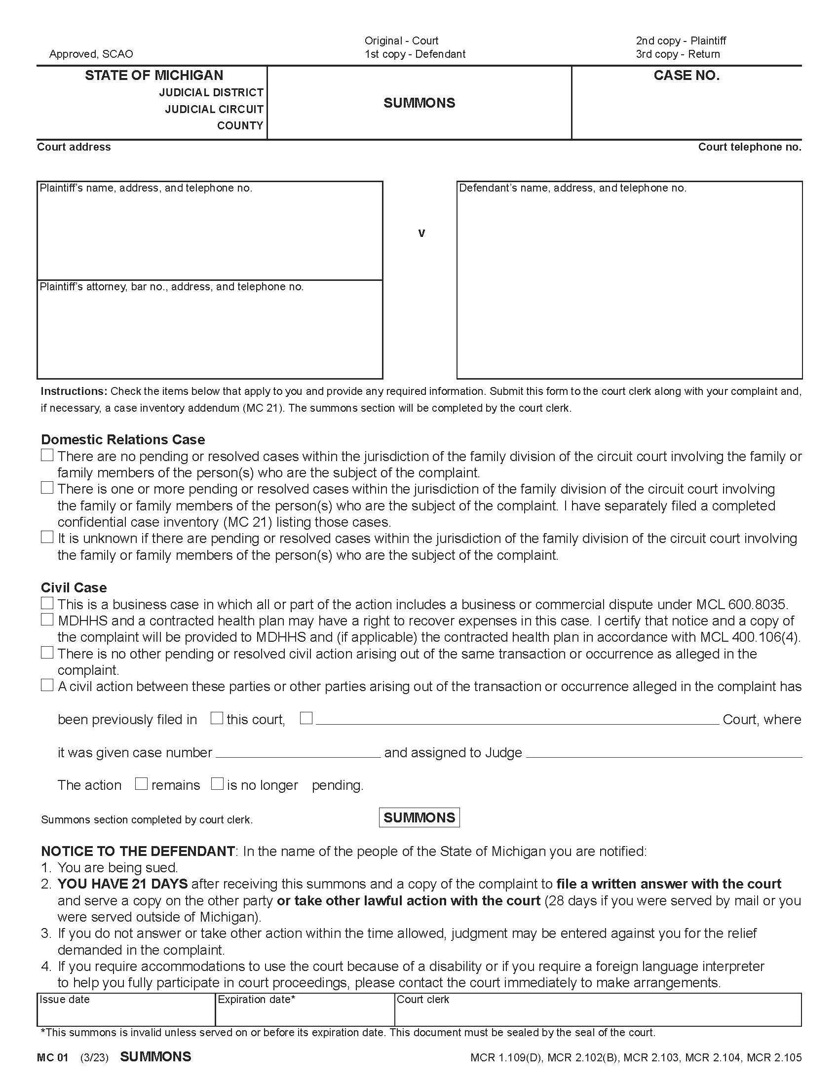 Summons {MC 01} | Pdf Fpdf Docx | Michigan