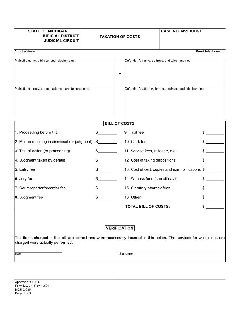 Taxation Of Costs {MC 24} | Pdf Fpdf Doc Docx | Michigan