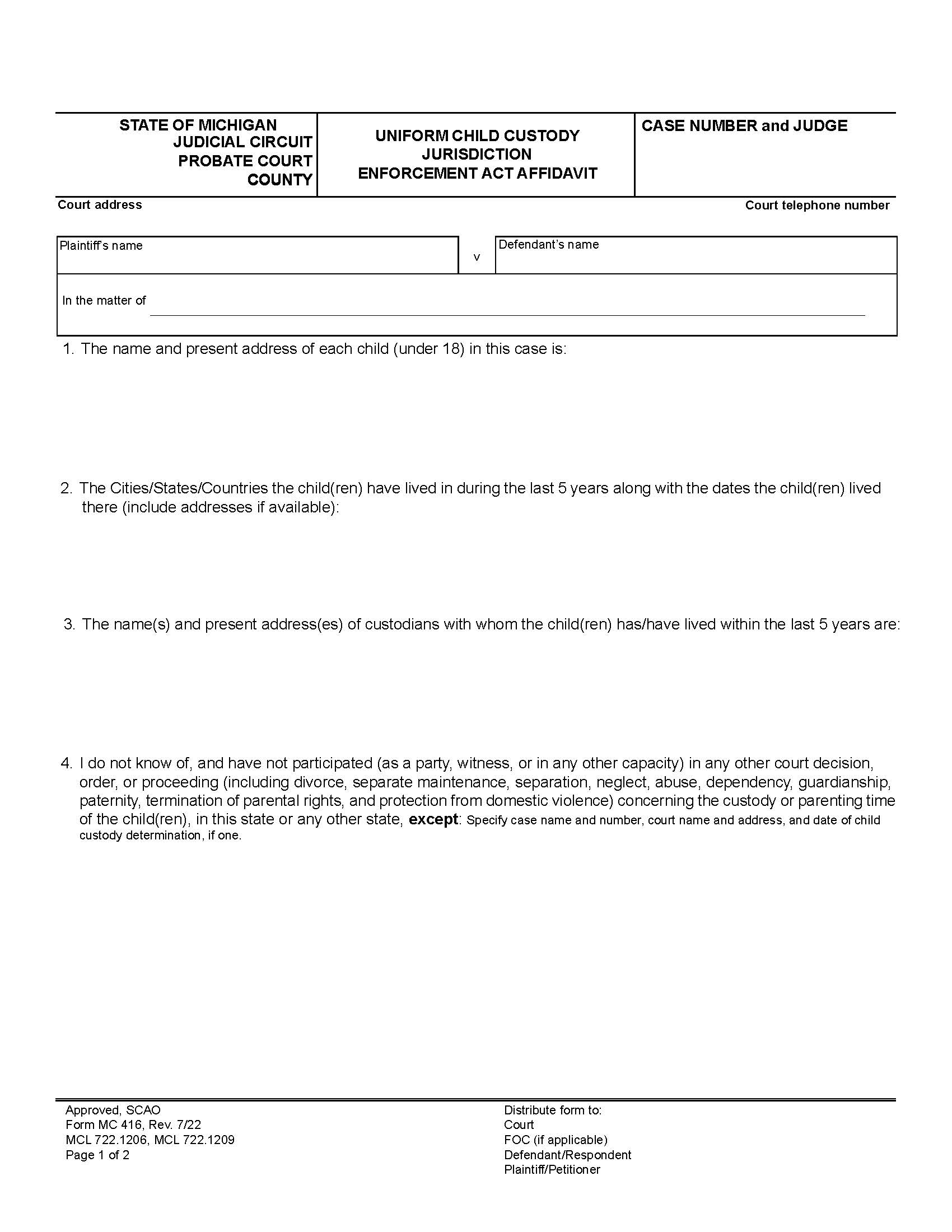 Uniform Child Custody Jurisdiction Enforcement Act Affidavit {MC 416} | Pdf Fpdf Doc Docx | Michigan