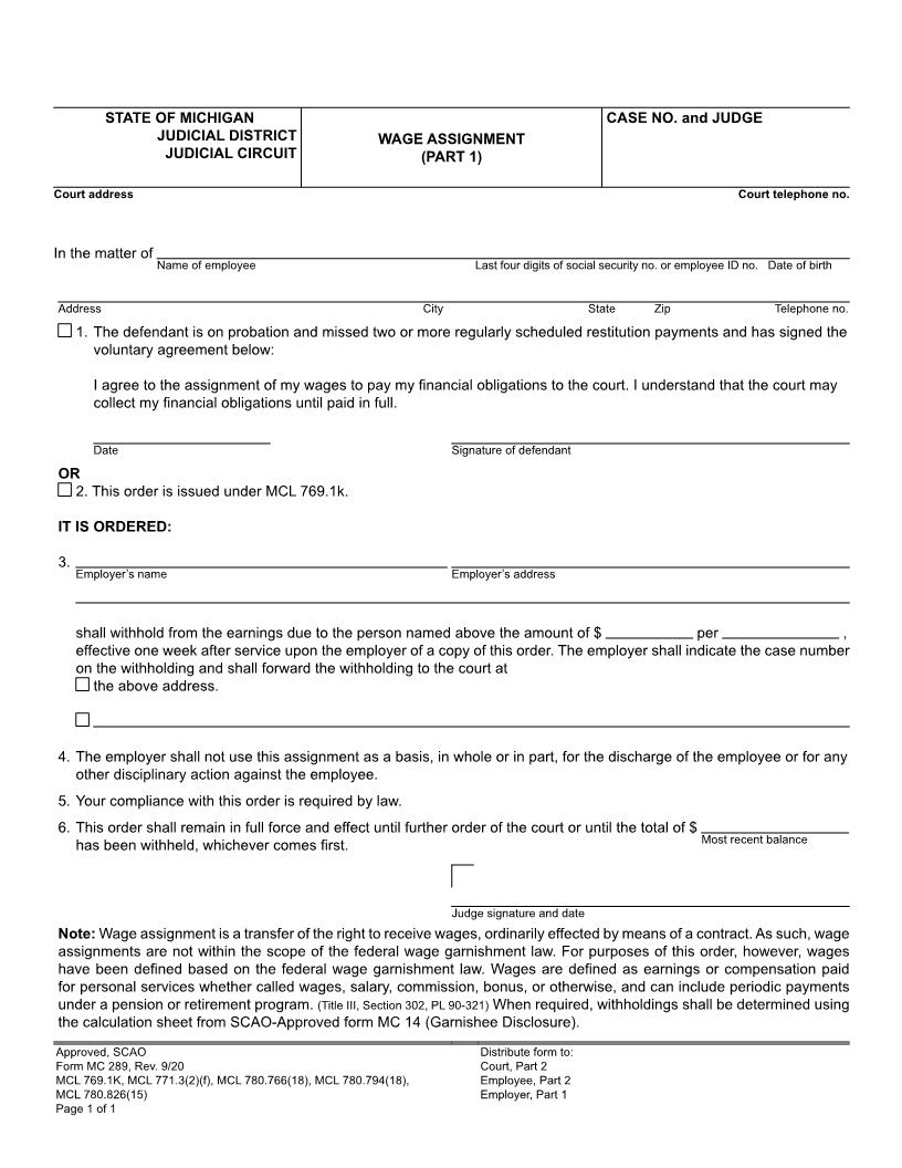 Wage Assignment {MC 289} | Pdf Fpdf Doc Docx | Michigan