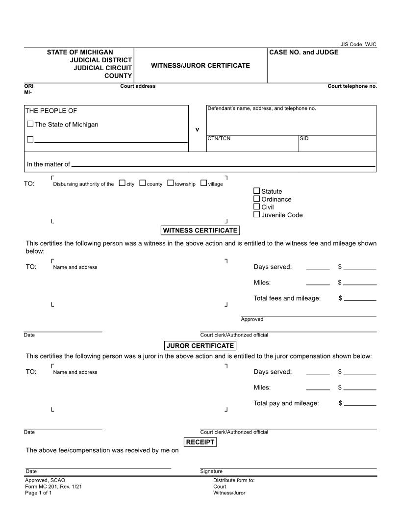 Witness Or Juror Certificate {MC 201} | Pdf Fpdf Doc Docx | Michigan