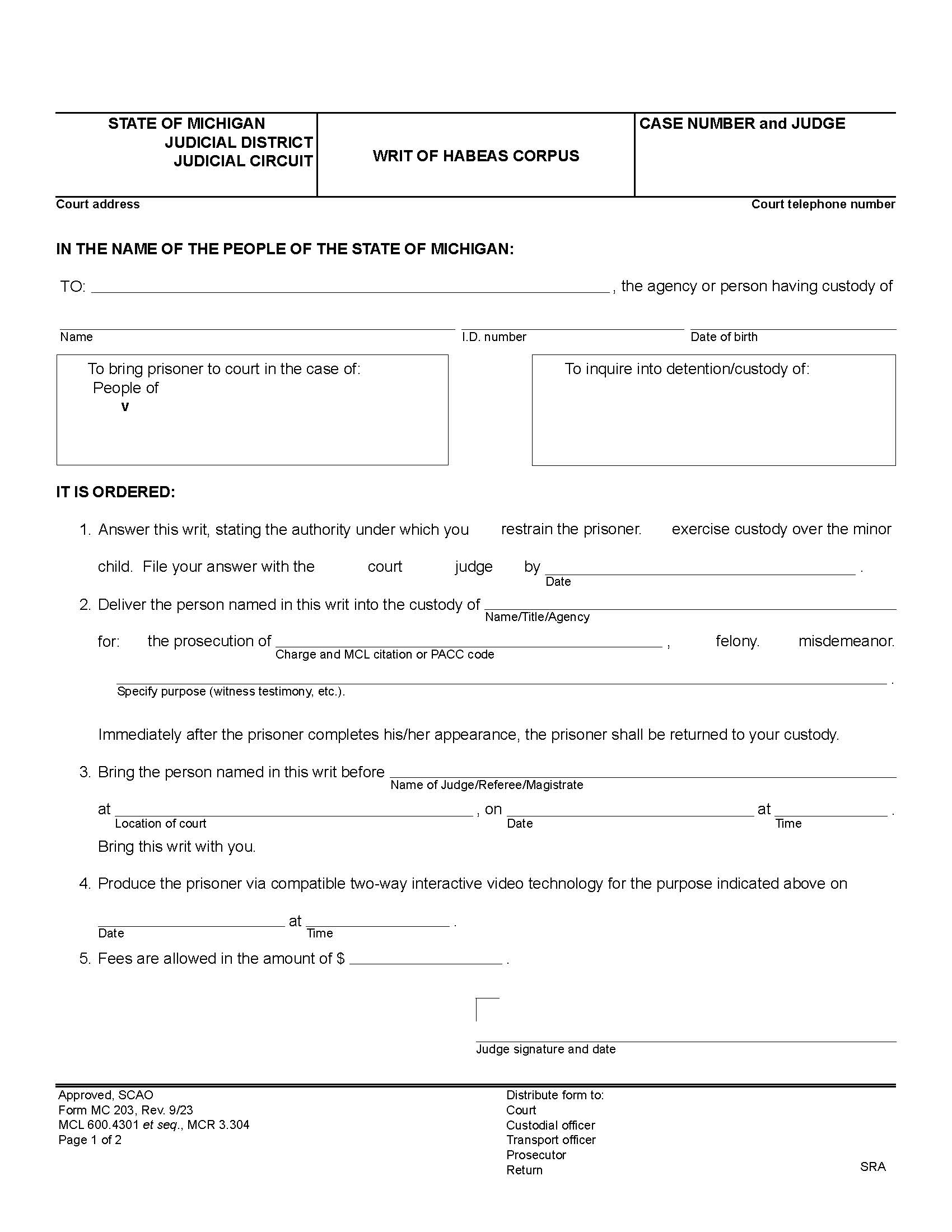 Writ Of Habeas Corpus {MC 203} | Pdf Fpdf Doc Docx | Michigan
