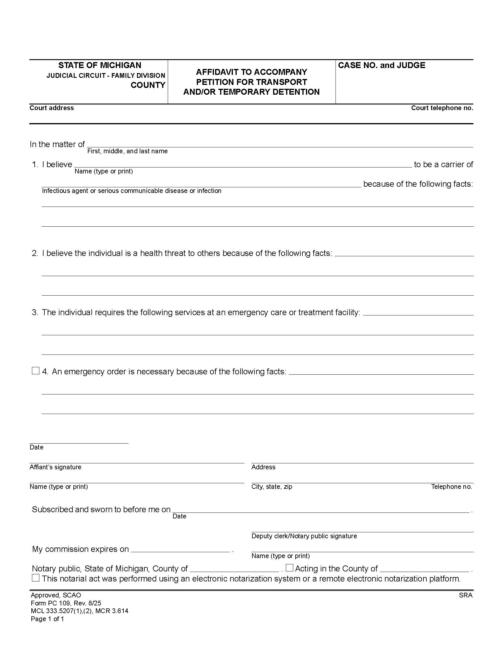 Affidavit To Accompany Petition For Transport And Or Temporary Detention {PC 109} | Pdf Fpdf Doc Docx | Michigan