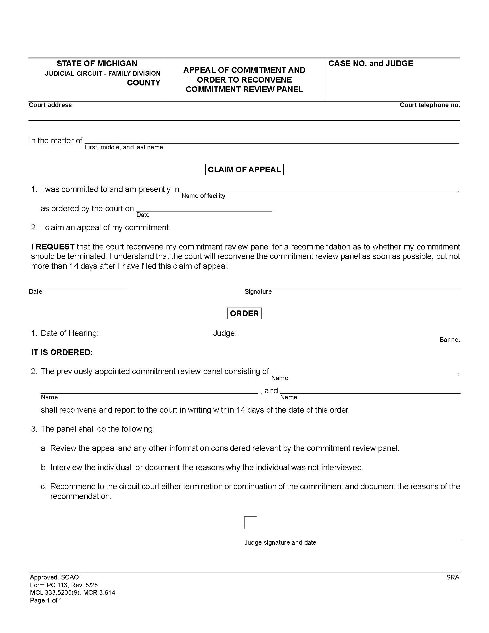 Appeal Of Commitment And Order To Reconvene Commitment Review Panel {PC 113} | Pdf Fpdf Doc Docx | Michigan