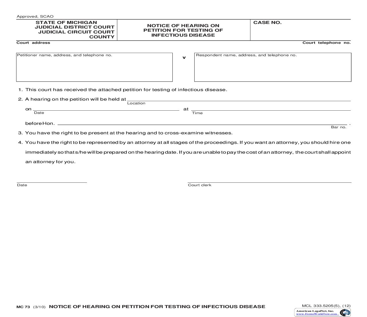 Notice Of Hearing On Petition For Testing Of Infectious Disease {MC 73} | Pdf Fpdf Doc Docx | Michigan