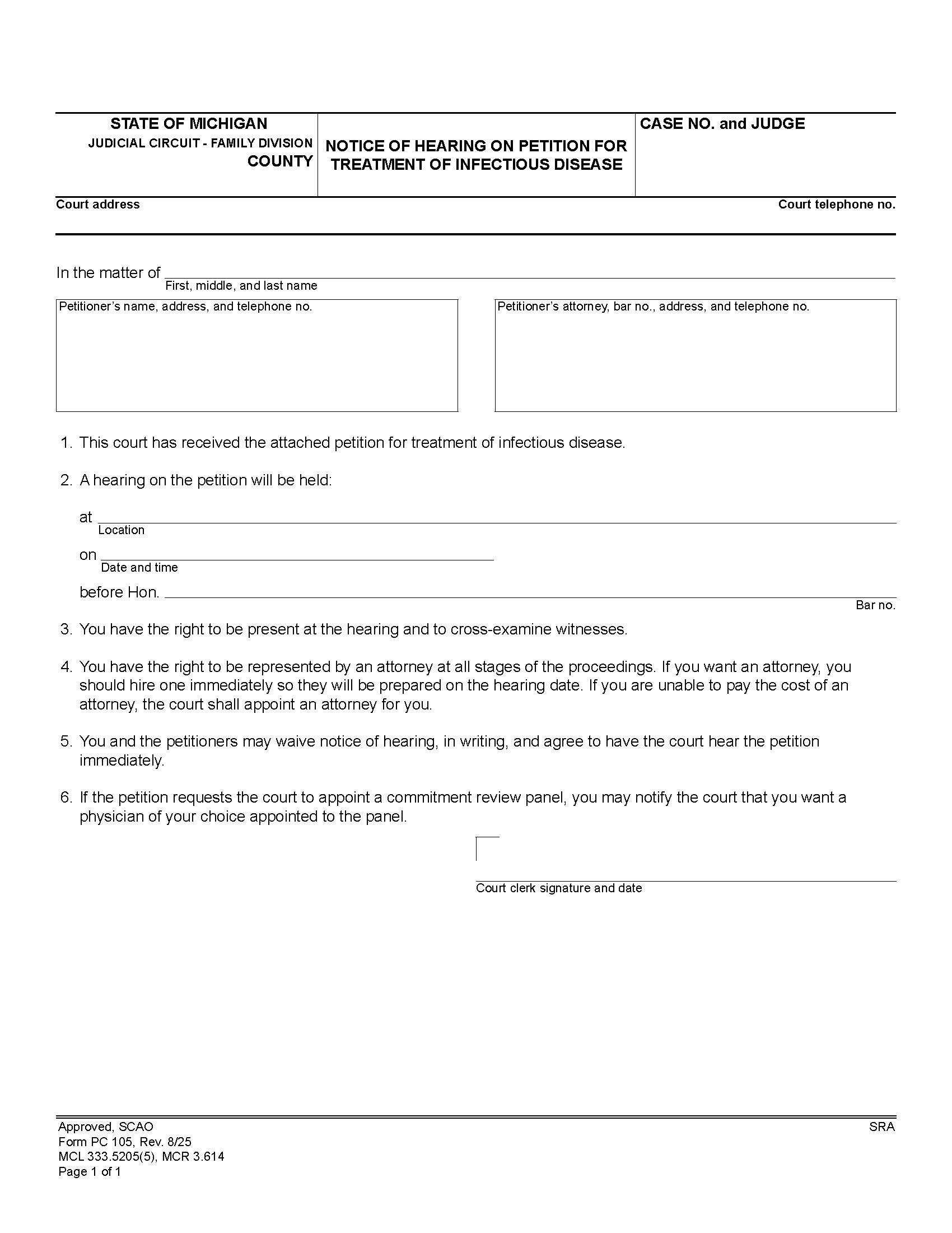 Notice Of Hearing On Petition For Treatment Of Infectious Disease {PC 105} | Pdf Fpdf Doc Docx | Michigan
