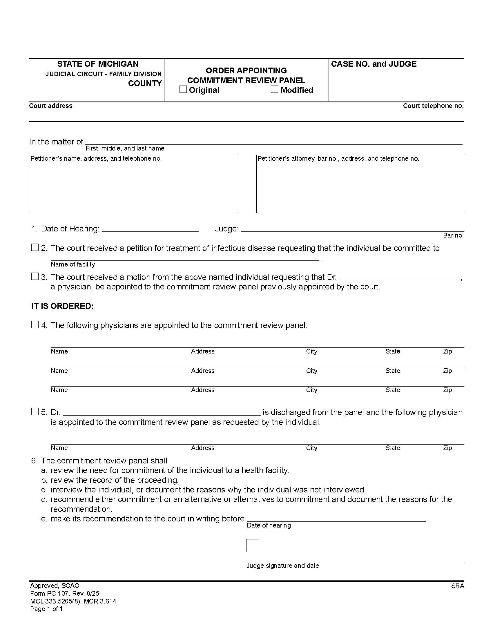 Order Appointing Commitment Review Panel {PC 107} | Pdf Fpdf Doc Docx | Michigan