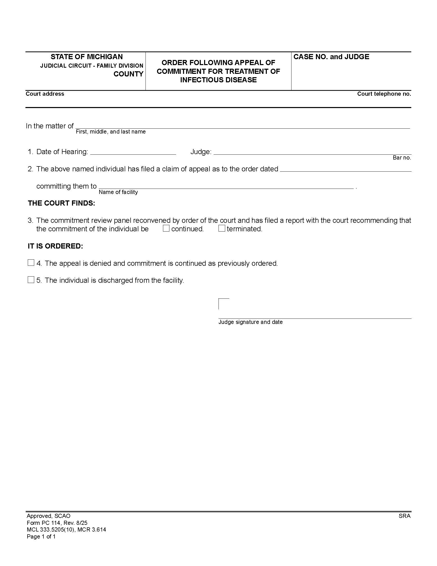 Order Following Appeal Of Commitment For Treatment Of Infectious Disease {PC 114} | Pdf Fpdf Doc Docx | Michigan