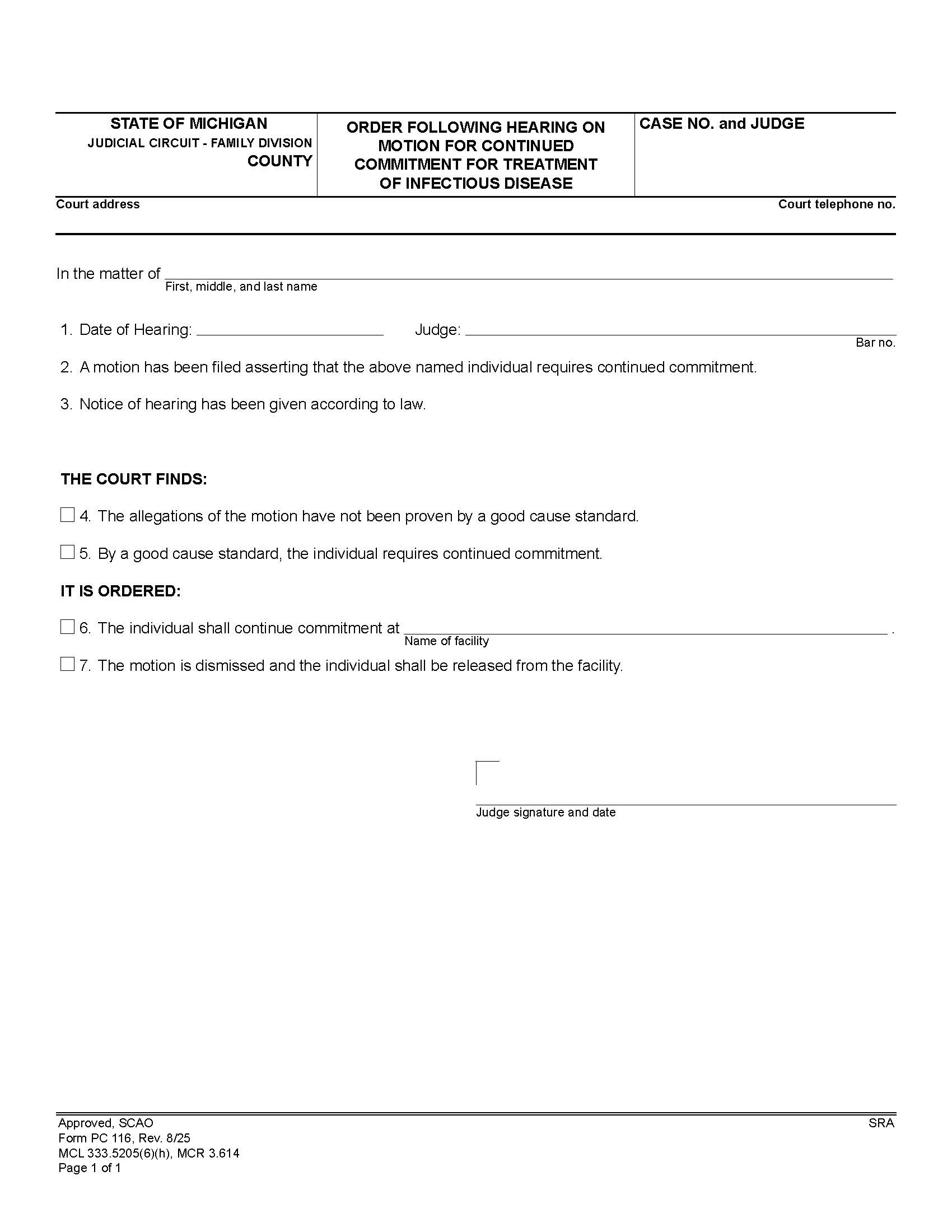 Order Following Hearing On Petition For Continued Commitment For Treatment Of Infectious Disease {PC 116} | Pdf Fpdf Doc Docx | Michigan