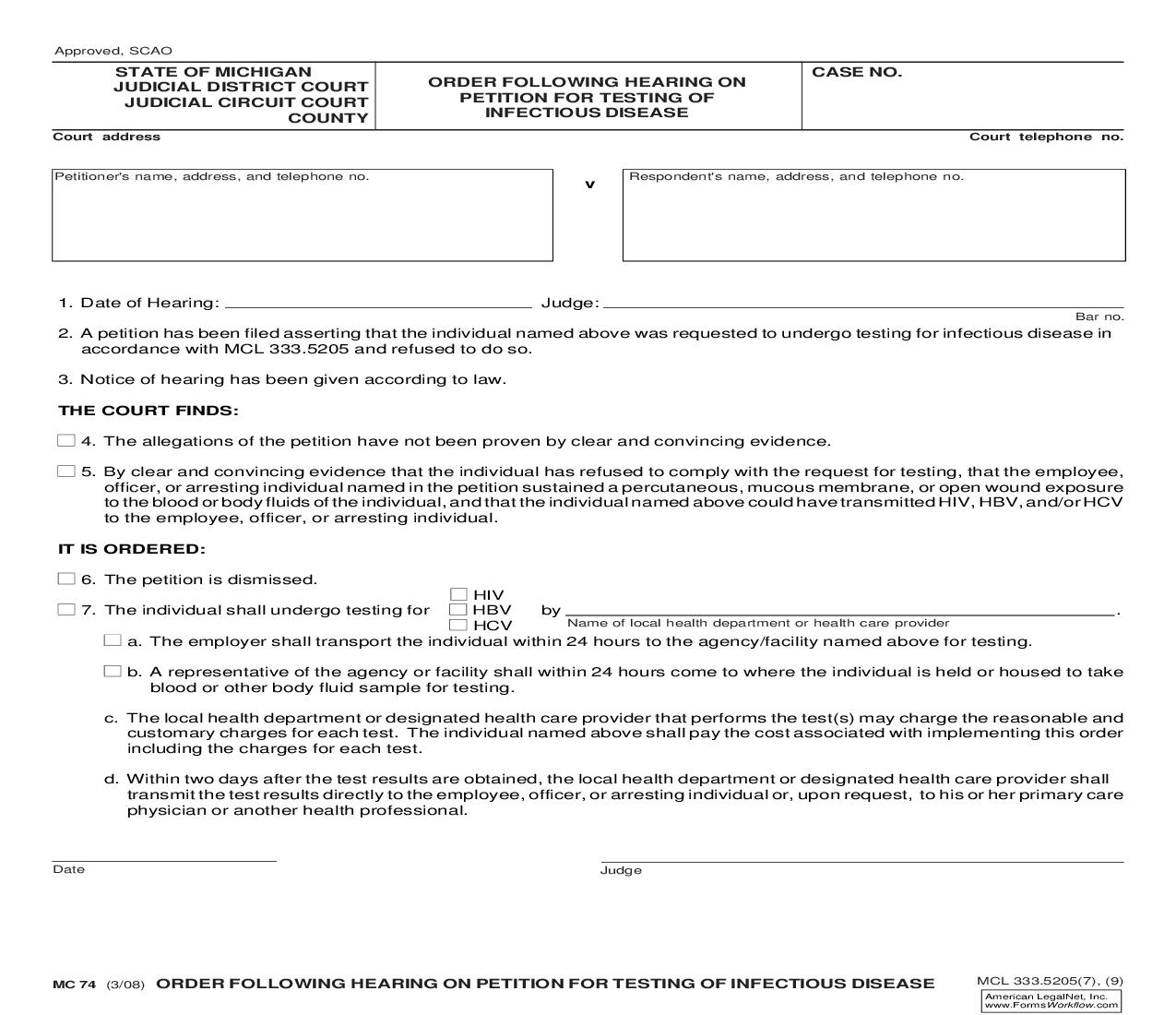 Order Following Hearing On Petition For Testing Of Infectious Disease {MC 74} | Pdf Fpdf Doc Docx | Michigan