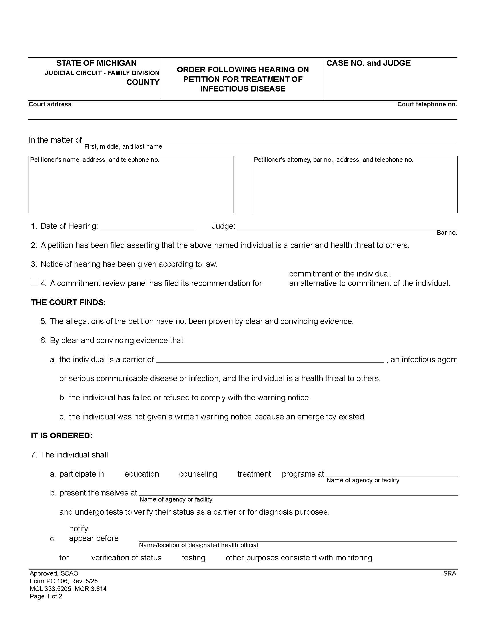 Order Following Hearing On Petition For Treatment Of Infectious Disease {PC 106} | Pdf Fpdf Doc Docx | Michigan