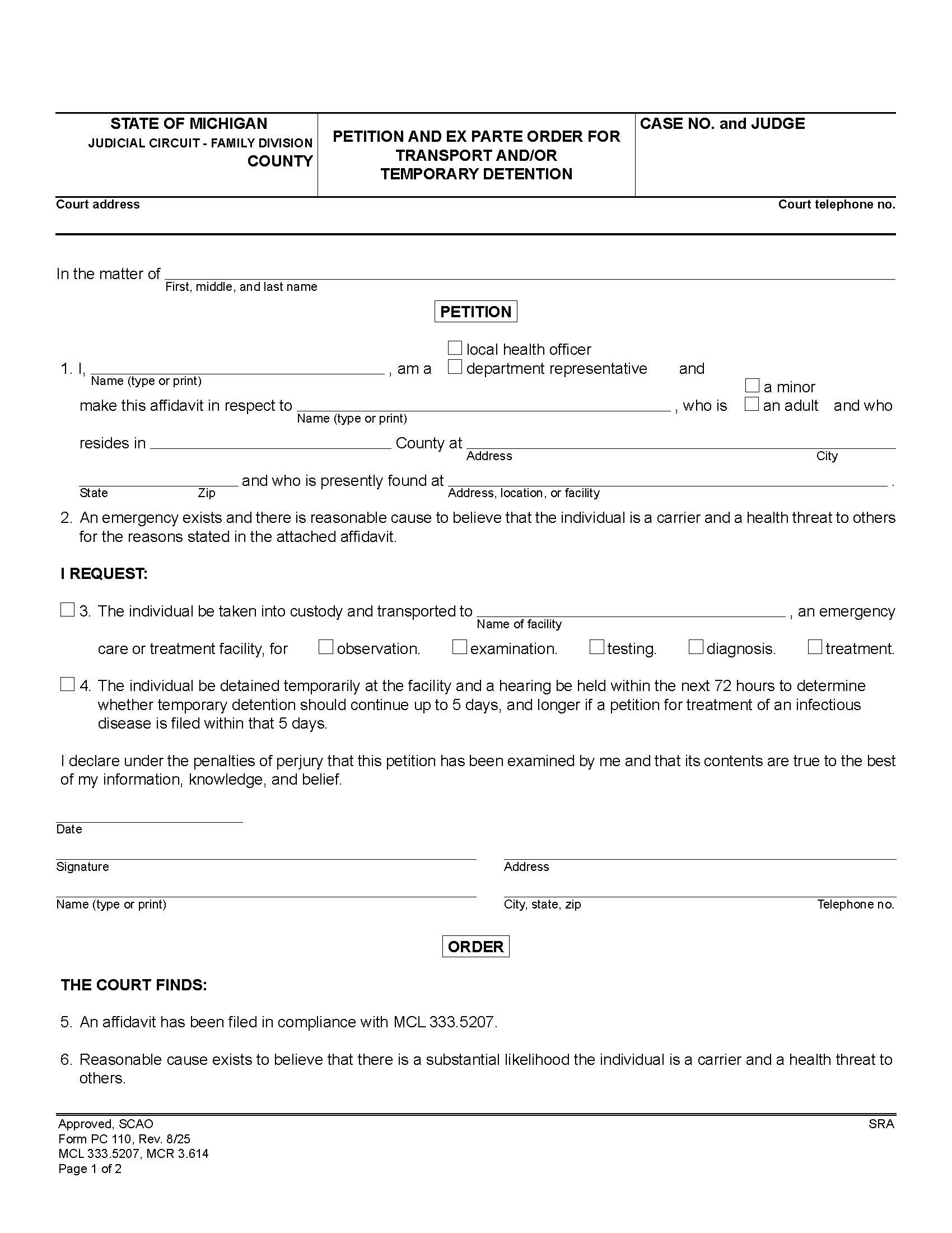 Petition And Ex Parte Order For Transport And Or Temporary Detention {PC 110} | Pdf Fpdf Doc Docx | Michigan