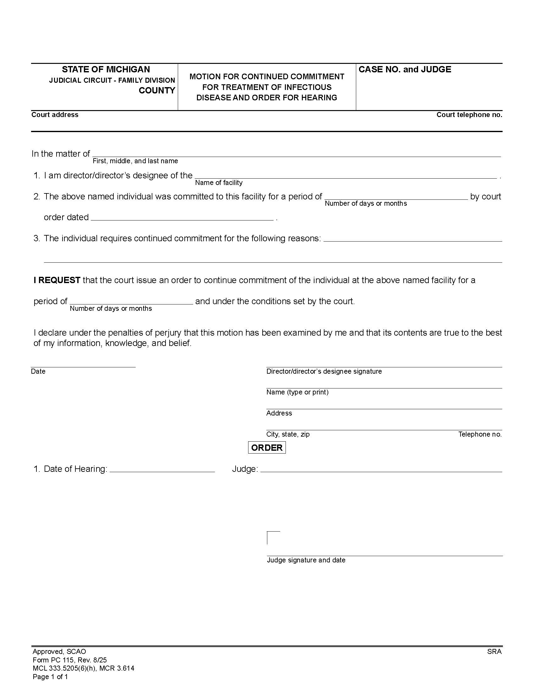 Petition For Continued Commitment For Treatment Of Infectious Disease And Order To Reconvene Commitment Review Panel {PC 115} | Pdf Fpdf Doc Docx | Michigan