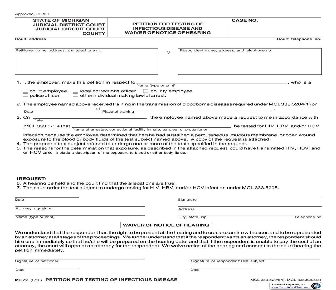 Petition For Testing Of Infectious Disease {MC 72} | Pdf Fpdf Doc Docx | Michigan