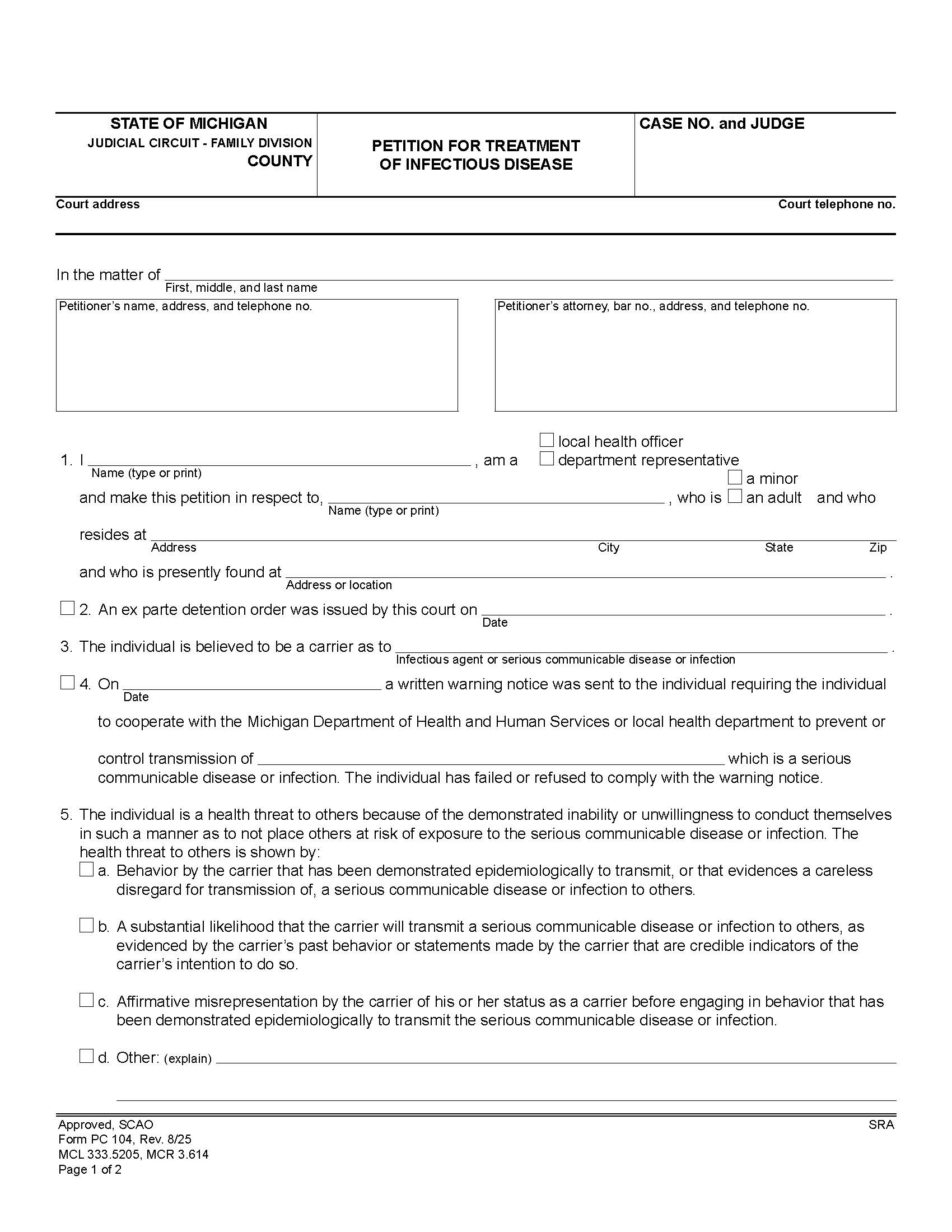 Petition For Treatment Of Infectious Disease {PC 104} | Pdf Fpdf Docx | Michigan