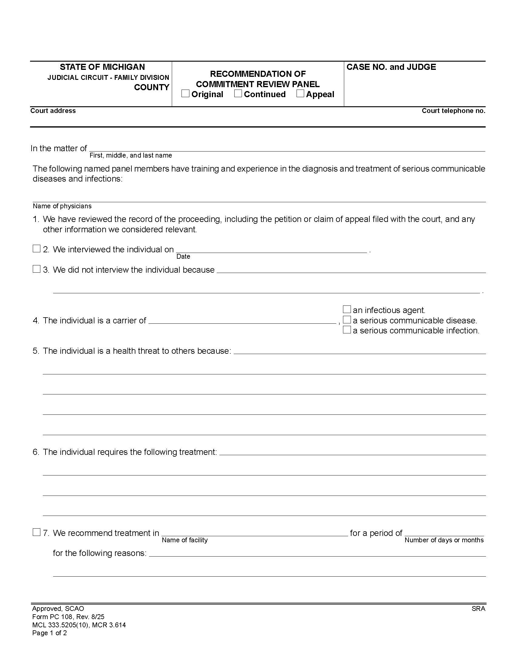 Recommendation Of Commitment Review Panel {PC 108} | Pdf Fpdf Doc Docx | Michigan