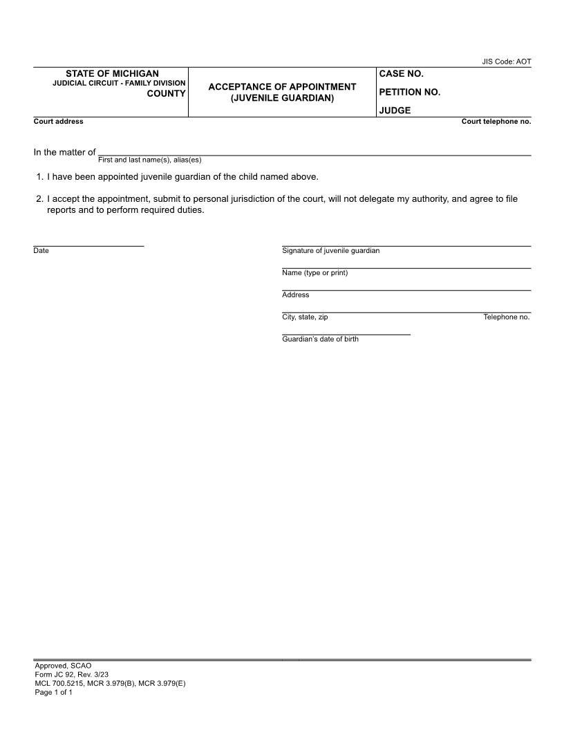 Acceptance Of Appointment (Juvenile Guardian) {JC 92} | Pdf Fpdf Doc Docx | Michigan