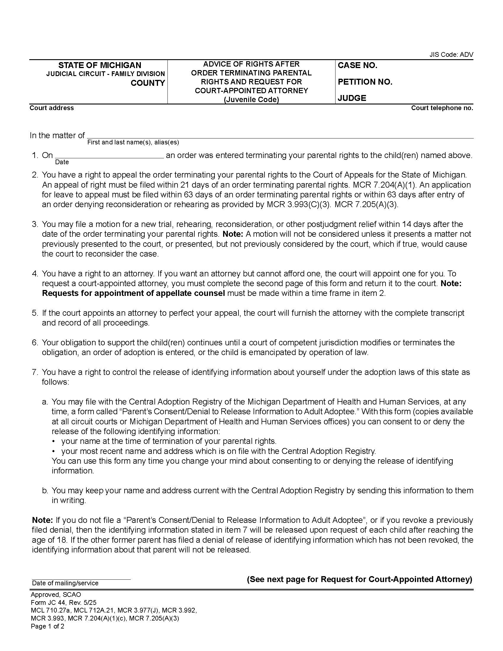 Advice Of Rights After Order Terminating Parental Rights (Juvenile Code) {JC 44} | Pdf Fpdf Docx | Michigan