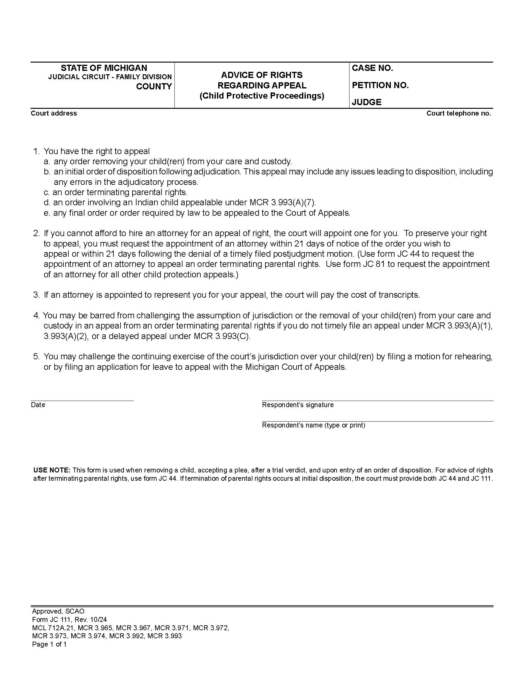 Advice Of Rights Regarding Appeal (Child Protective Proceedings) {JC 111} | Pdf Fpdf Docx | Michigan