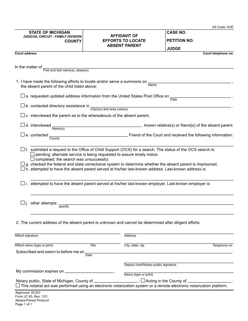 Affidavit Of Efforts To Locate Absent Parent {JC 83} | Pdf Fpdf Docx | Michigan