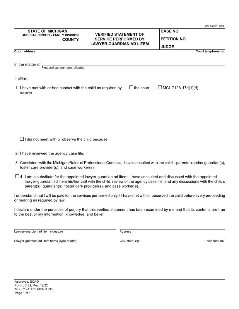 Affidavit Of Service Performed By Lawyer-Guardian Ad Litem {JC 82} | Pdf Fpdf Doc Docx | Michigan